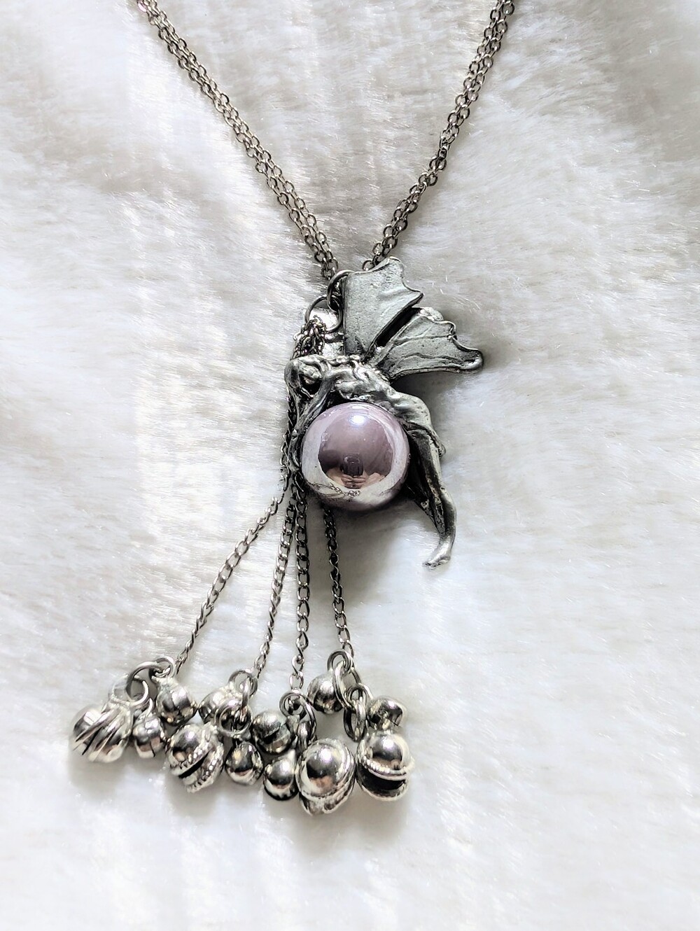 1999 Stamped Art Nouveau Silver Pewter Fairy Orb Dual Chain Whimsigoth Necklace